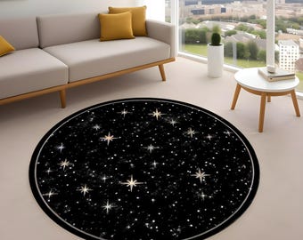 Black Starry Sky Rug, round celestial carpet with glowing stars design, galaxy inspired modern home decor, washable non slip rug