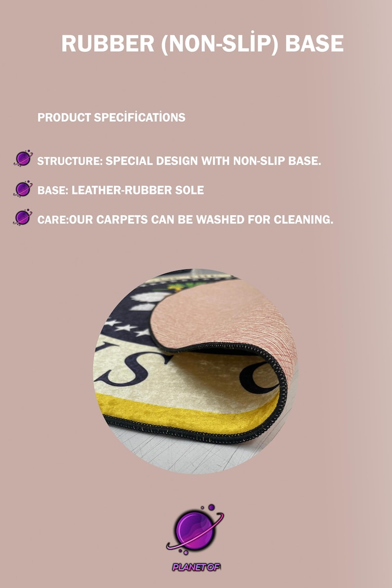 May include: A round rug with a non-slip rubber base, displaying a design with the letter "S" and a yellow border. The rug has a leather-rubber sole and is washable. The text "RUBBER (NON-SLIP) BASE" is at the top.