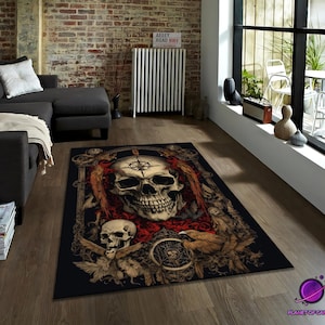 Gothic skull rug, dark horror carpet, raven and bones design, Halloween decor rug, occult style mat, spooky gothic floor art