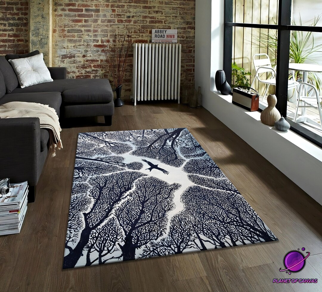 Tree Design Rugs Black White Forest Rug,minimalist Tree Silhouette Carpet With Flying ...