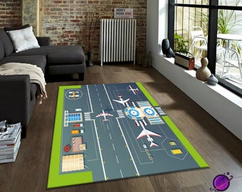 Airplane runway rug, kids room carpet, toddler aviation mat rug, airplane nursery rug, pilot theme decor rug, airport playroom rug