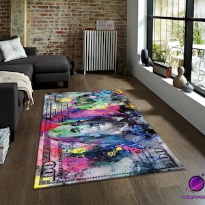 Alfombra Banksy con diseño de dólar, alfombra de arte callejero, alfombra con decoración de pop art urbano, alfombra con grafiti político, alfombra moderna y vanguardista, alfombra con arte de suelo con una declaración llamativa.