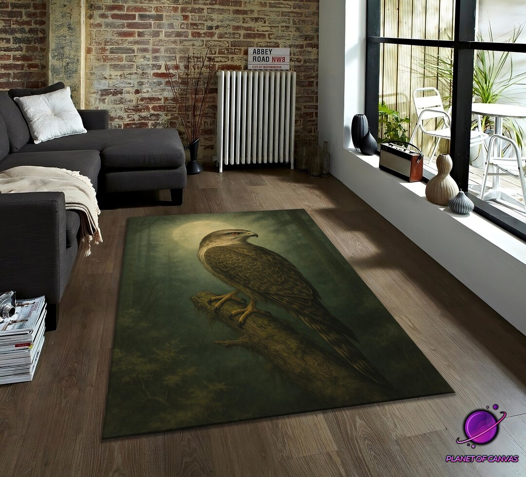 Eagle Forest Rug, Majestic Hawk on Moonlit Forest Art Carpet, Mystical ...