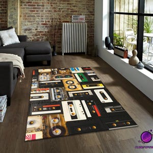 Retro Cassette Tape Rug, Vintage Music Carpet, 80s 90s Room Decor, Music Lover Gift Mat, Colorful Retro Carpet for Living Room