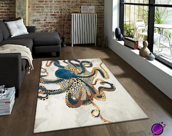 Octopus rug, nautical ocean decor, artistic sea life carpet, marine creature mat, coastal floor rug, underwater animal design
