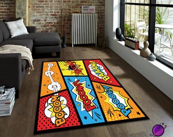Pop art comic rug, boom baam poof carpet, retro sound effect mat, colorful cartoon rug, fun kids room decor rug, comic style floor rug