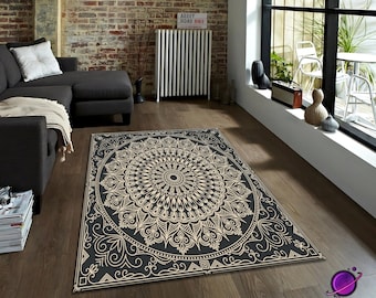 Mandala Area Rug, Boho Geometric Carpet, Oriental Pattern Floor Mat for Living Room Bedroom Yoga Meditation Decor, Washable Non Slip Soft