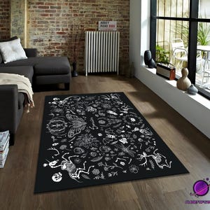 Witchcore skeleton rug, gothic botanical carpet rug, black occult moth design rug, dark academia floor mat rug, witchcraft decor rug