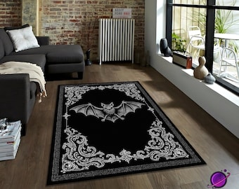 Bat Rug Black Gothic Carpet with Dark Design for Living Room Decor, Spooky Style Floor Mat Washable Non Slip Personalized