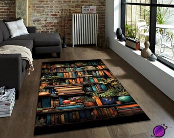 Bookshelf Rug for Book Lovers | Cozy Library Area Carpet | Cottagecore Reading Nook Decor | Literary Home Floor Mat,Library Floor Rug