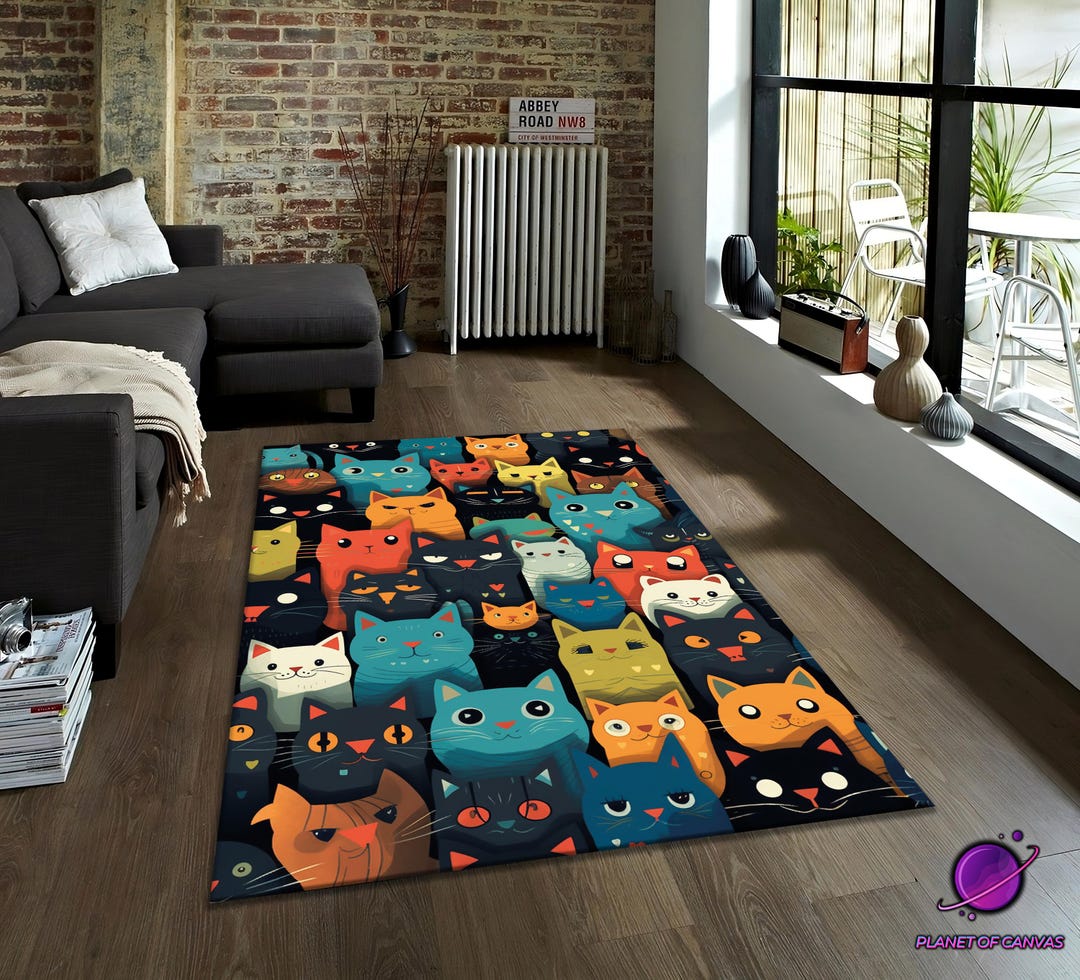 Cat Rug Colorful Carpet With Cute Kitten Faces for Living Room or Kids ...