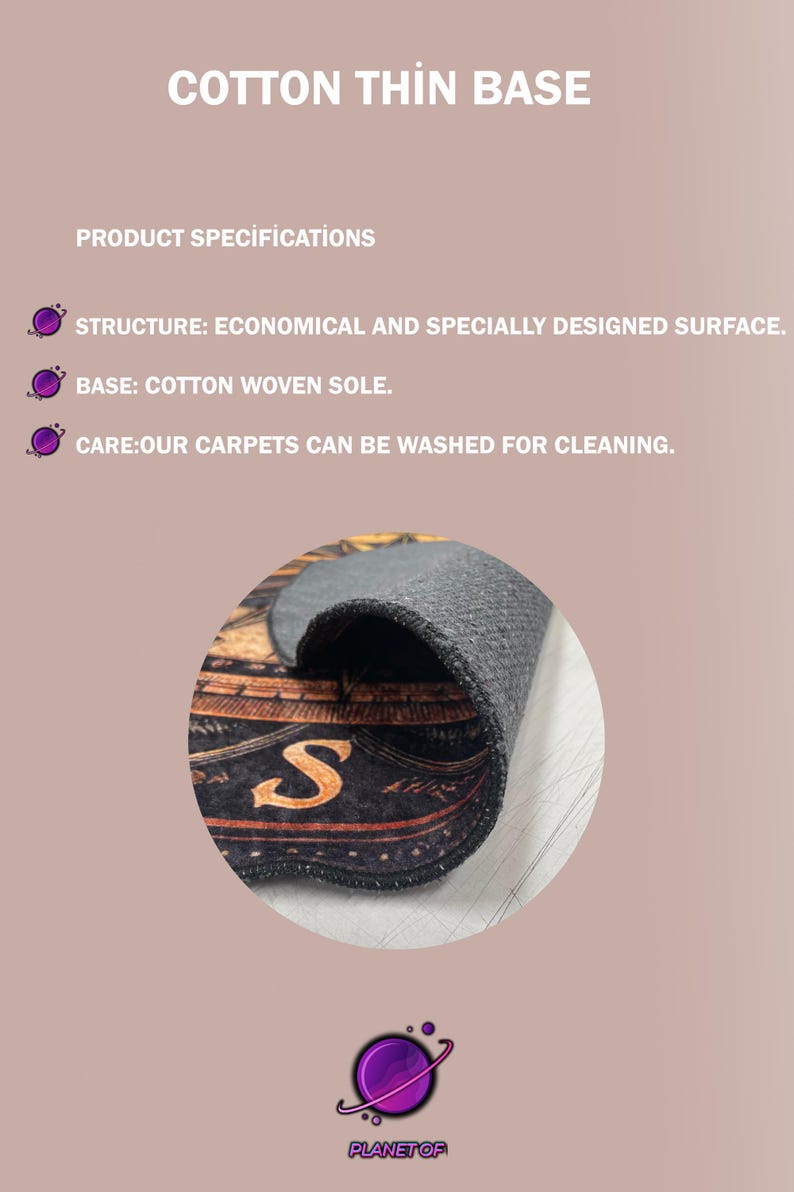 May include: A rolled-up carpet with a black and brown pattern, showing the letter "S". The text "COTTON THIN BASE" and product specifications are displayed. The base is cotton woven, and the carpet is washable.