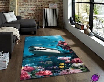 Shark and Flowers Rug, Unique Ocean Underwater Carpet with Colorful Floral Coral Scene, Modern Living Room or Bedroom Washable Floor Decor