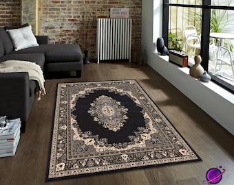 Dark Medallion Area Rug – Elegant Black Beige Carpet for Living Room, Bedroom, Office – Washable Non Slip Floor Decor