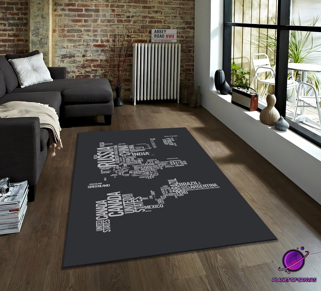 Word Rug World Map Typography Rug, Modern Map Carpet, Travel Lover Decor ...