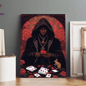 Lienzo con hombre repartiendo cartas, lienzo de póquer del diablo, decoración de pared de juegos de azar, arte de pared de casino, decoración de pared de papel de póquer con cuerdas, lienzo del diablo