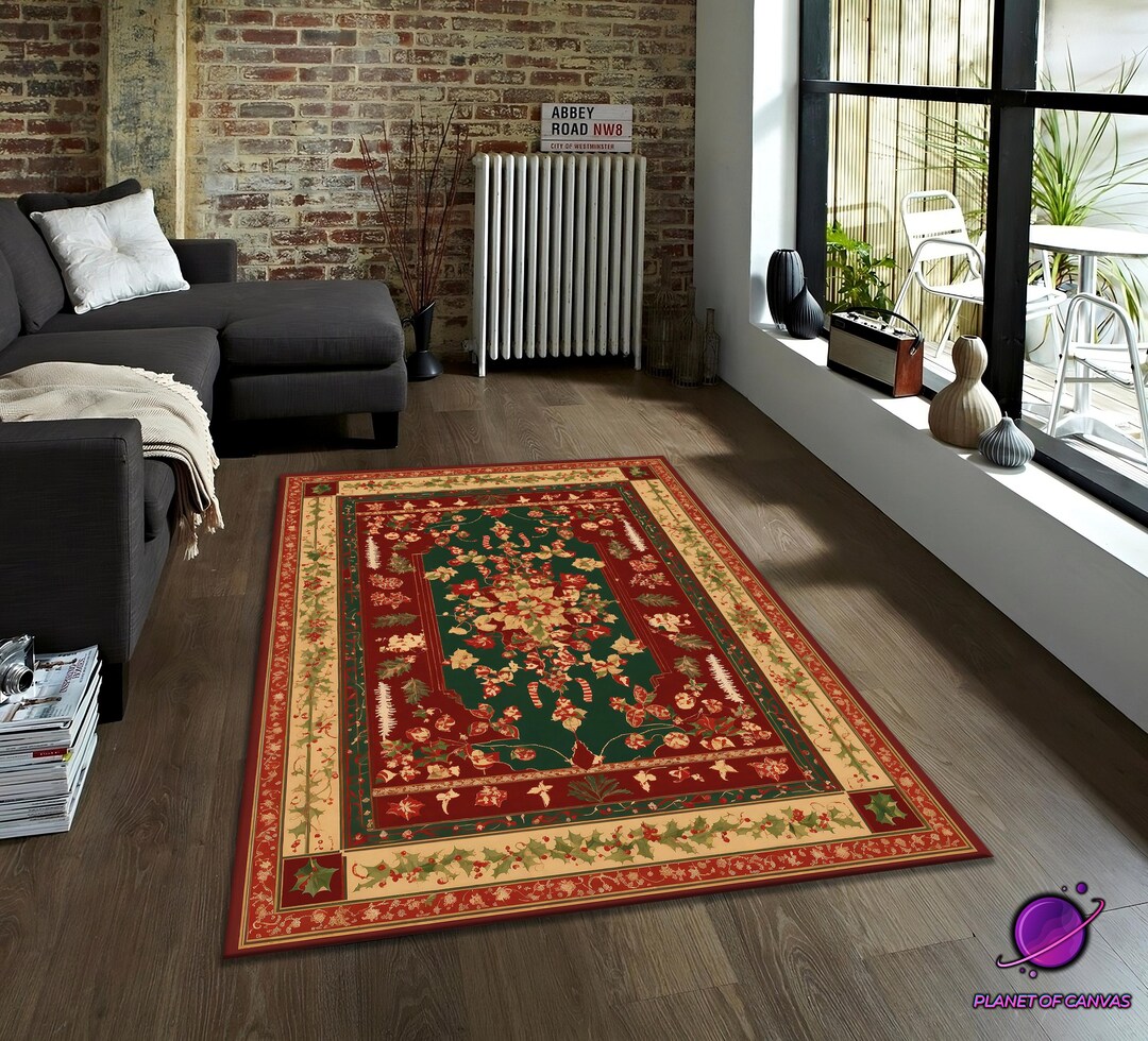 Red Green Oriental Rug, Classic Persian Style Carpet With Floral ...