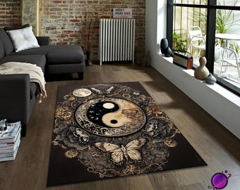 Yin Yang Rug, Gothic Boho Butterfly Carpet with Moon and Floral Mandala Design, Mystical Washable Floor Decor for Living Room Bedroom