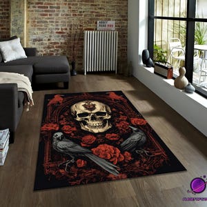 Dark Fantasy Carpet,Gothic skull rug, raven and bone design, occult decor rug, horror aesthetic mat, spooky gothic floor art
