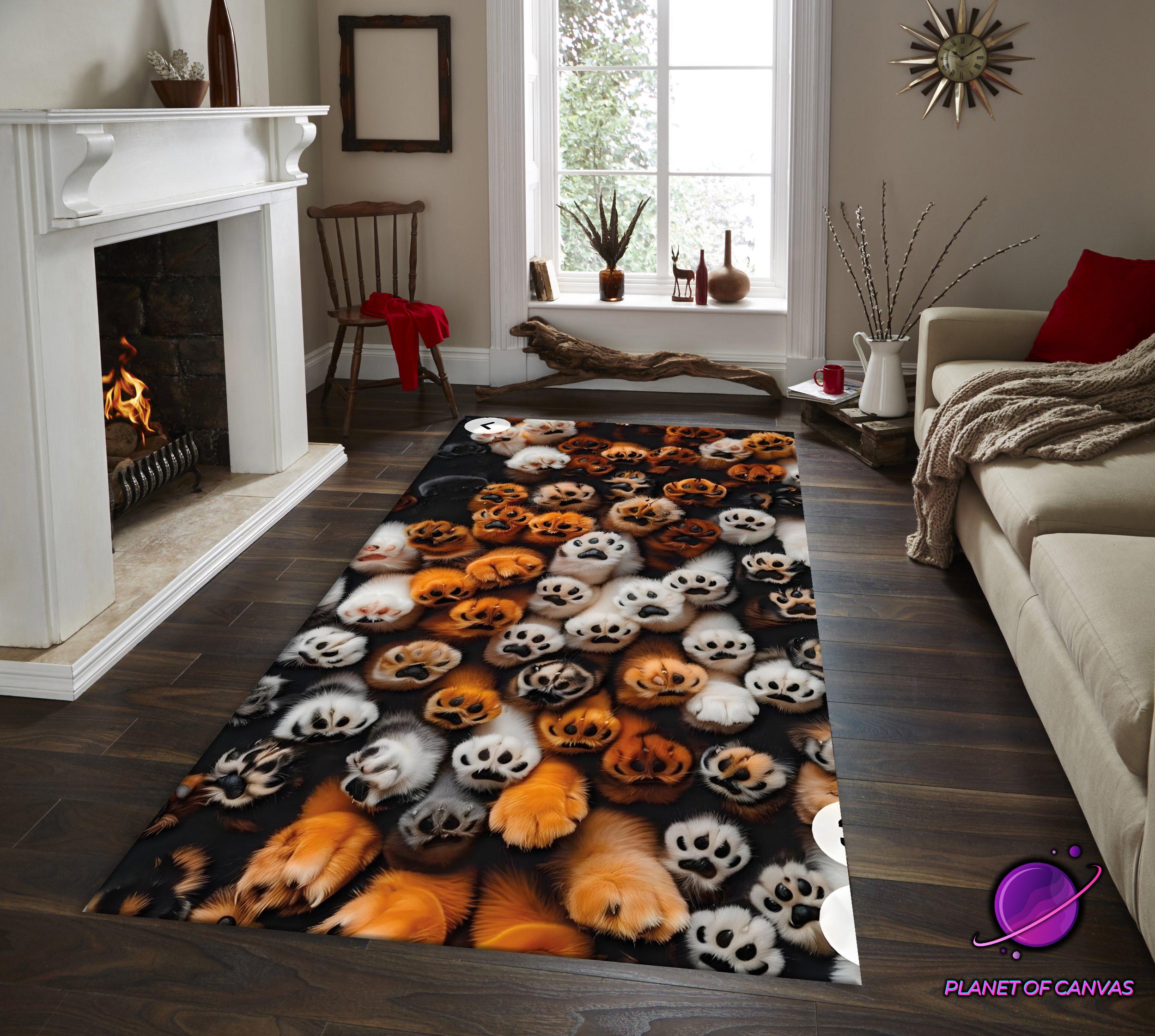 Paw Rug Pattern Dog Paw Print Rug, Cute Puppy Paw Pattern Area Carpet With Brown White ...