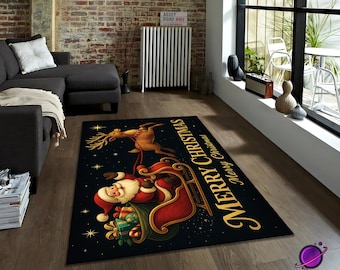 May include: A rectangular black rug featuring Santa Claus in his sleigh, pulled by a reindeer, with the words "Merry Christmas" in gold. The rug has a festive design with stars and gift-filled sacks.