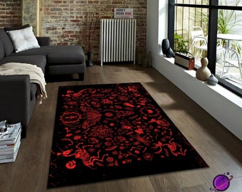 Tapete gótico vermelho e preto | Tapete com estampa de esqueleto e bruxa | Decoração oculta para o Halloween | Tapete alternativo e sombrio