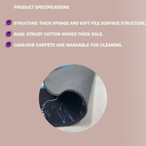 May include: A rolled-up carpet with a soft pile surface is shown in close-up. The carpet has a thick sponge structure and a sturdy cotton woven thick sole. The text on the image states the carpets are washable for cleaning.