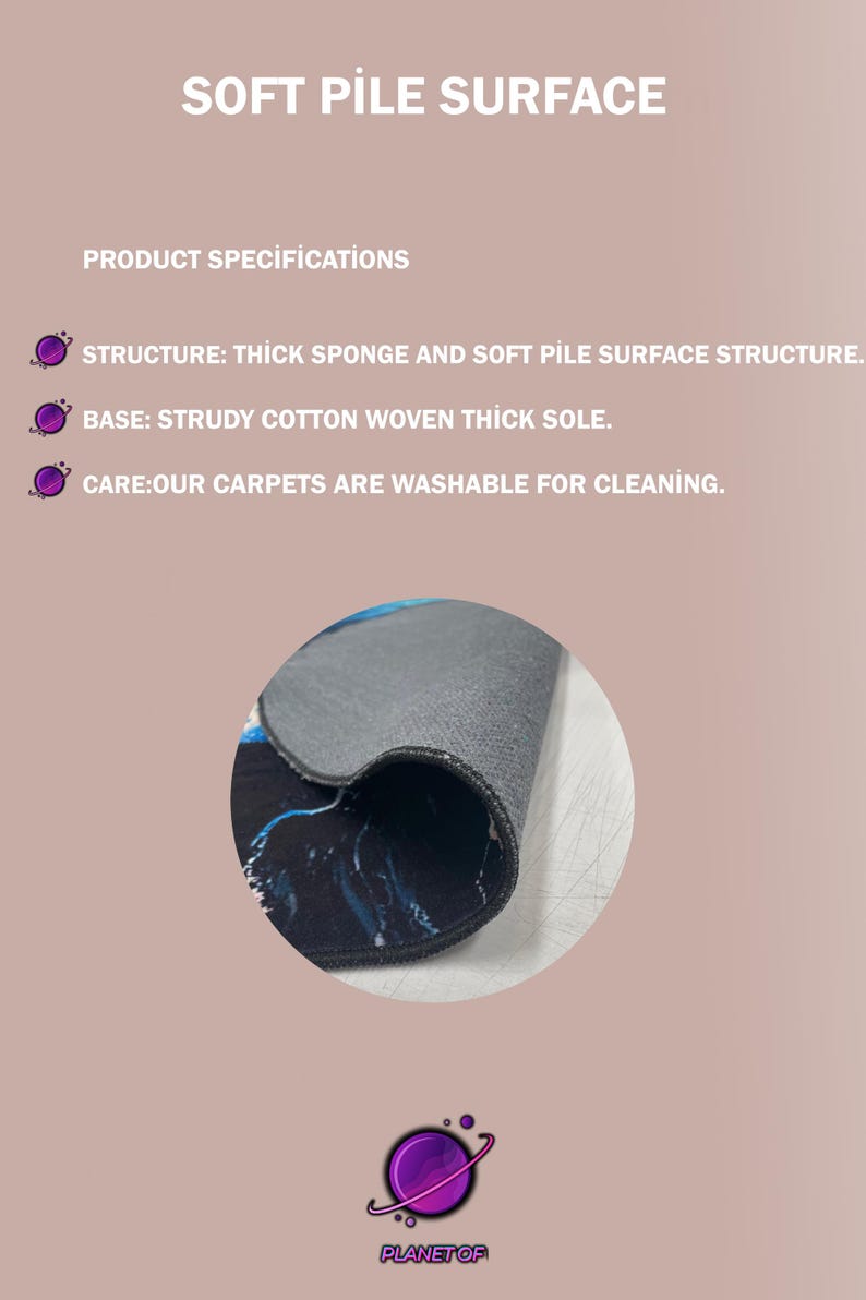 May include: A rolled-up carpet with a soft pile surface is shown in close-up. The carpet has a thick sponge structure and a sturdy cotton woven thick sole. The text on the image states the carpets are washable for cleaning.