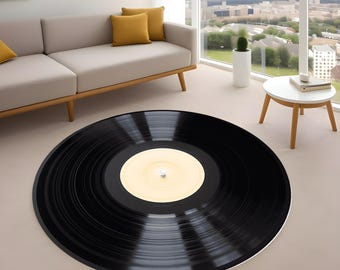 Vinyl Record Round Rug, Retro Music Themed Carpet, Black LP Disc Design Mat for Living Room Bedroom Decor, Washable Non Slip Personalized