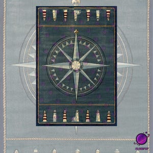 May include: A nautical rug with a compass rose design at the centre. The rug has a dark blue background with purple polka dots and a border of lighthouses. The outer border has a rope design.
