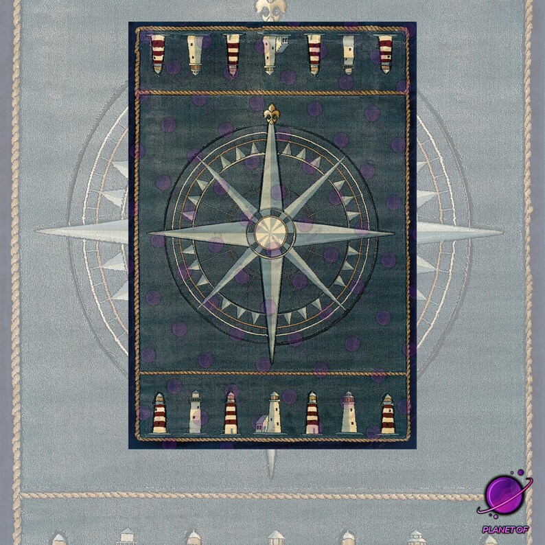 May include: A nautical rug with a compass rose design at the centre. The rug has a dark blue background with purple polka dots and a border of lighthouses. The outer border has a rope design.