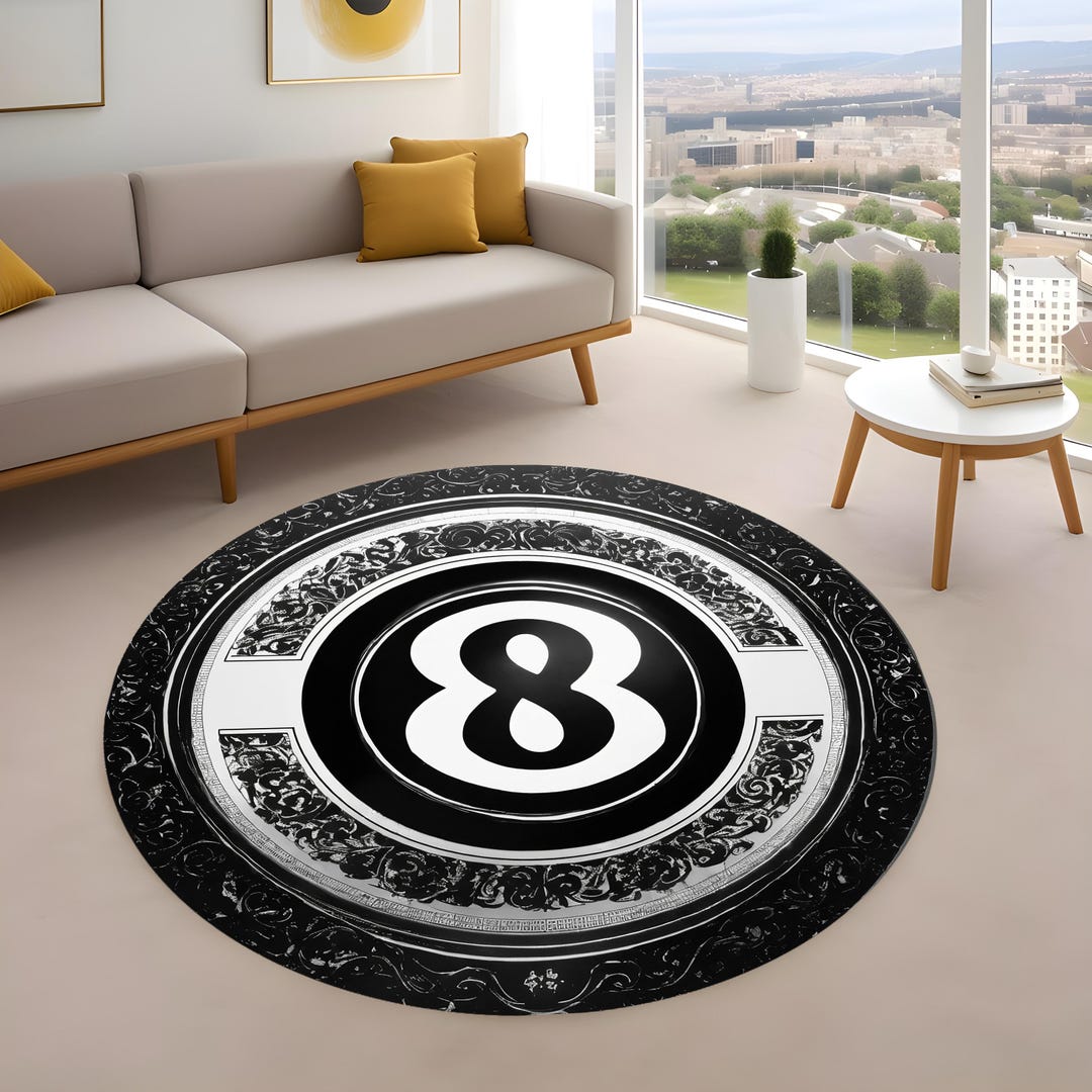 Billiard 8 Ball Round Rug, Black White Game Room Carpet, Modern Pool ...