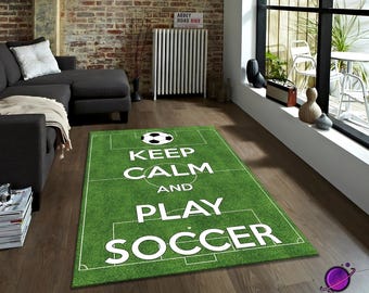Soccer Rug Keep Calm, Football Field Carpet, Soccer Lover Gift Rug, Sports Room Decor, Kids Soccer Carpet, Gamer Play Soccer Rug