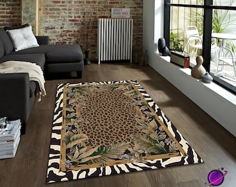 leopard jungle rug, tropical leaf border with zebra pattern animal print carpet for living room decor,exotic luxury style,washable, non slip