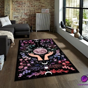 Floral moon rug, celestial boho carpet, moon phase decor rug, witchy room rug, botanical moon rug, spiritual lunar floor art rug