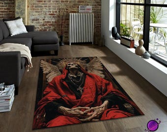 Gotisch skelet engelen vloerkleed | Donker occult fantasietapijt | Alternatieve gotische decoratie voor woonkamer, slaapkamer of speelkamer
