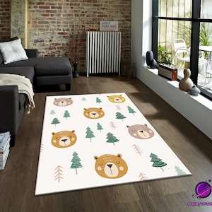 Bear forest rug, woodland nursery rug, cute bear kids carpet, baby room decor mat, animal forest play rug, cozy kids room carpet