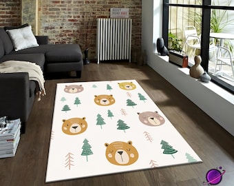 Bear forest rug, woodland nursery rug, cute bear kids carpet, baby room decor mat, animal forest play rug, cozy kids room carpet