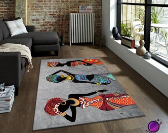 African women rug, tribal art carpet, ethnic boho rug, colorful African decor, modern ethnic rug, silhouette art rug, cultural wall art rug