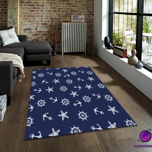 Nautical anchor rug, starfish summer carpet, navy blue beach decor rug, coastal floor mat, seaside theme rug, ocean vibes rug