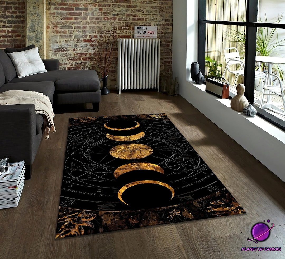 Moon Face Rug Moon Phase Rug, Black Gold Celestial Design, Lunar Cycle Carpet With ...