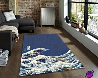 japanese wave rug with great wave design in blue and white,asian art floor carpet for living room decor,washable area rug with non slip