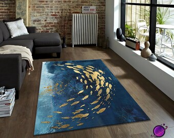 Alfombra de peces dorados, alfombra azul marino con temática oceánica, elegante alfombra de decoración costera, alfombra abstracta de vida marina, alfombra moderna de lujo, alfombra con temática submarina.