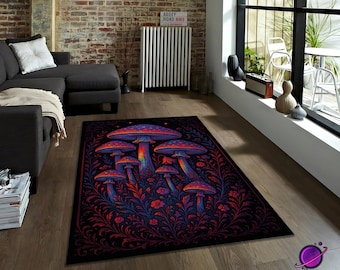 Dywan z psychodelicznym grzybem, neonowy dywan artystyczny z motywem lasu w czarno-czerwonych odcieniach, fantastyczny dywan boho, psychodeliczny dywan z grzybem, kolorowy mistyczny dywan, zmywalny, antypoślizgowy