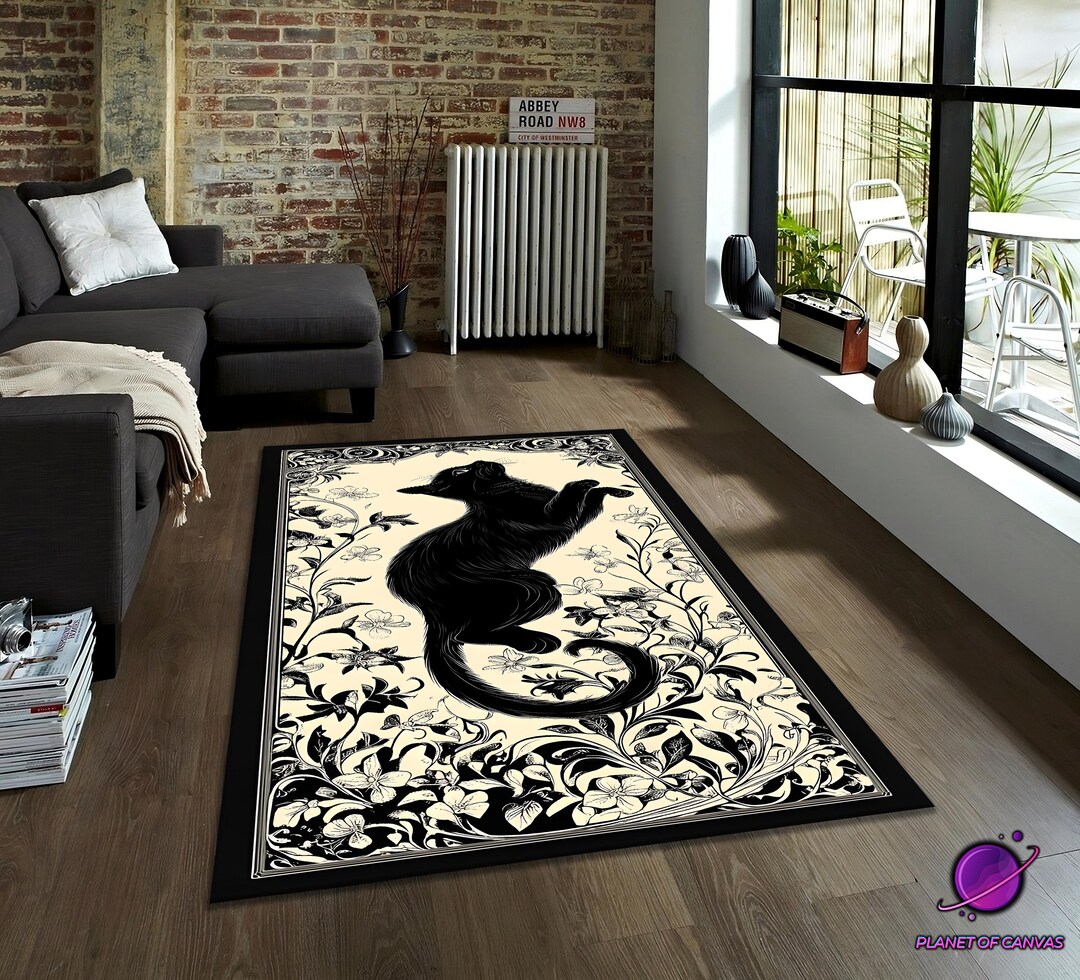 Scaring Cat Rug Black Cat Rug, Floral Art, Magic Decor, Witch Rug, Non Slip, Washable ...
