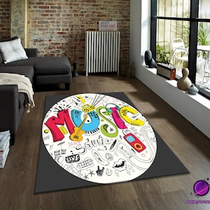 Colorful Music Rug, Music Lover Carpet, Music Notes Floor Mat, Musician Room Decor, Guitar and Headphones Rug, Music Themed Round Carpet