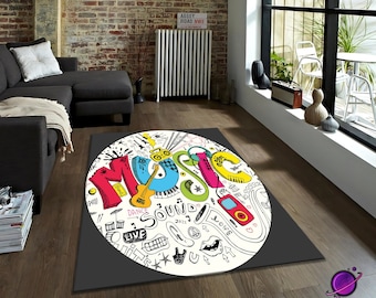 Colorful Music Rug, Music Lover Carpet, Music Notes Floor Mat, Musician Room Decor, Guitar and Headphones Rug, Music Themed Round Carpet