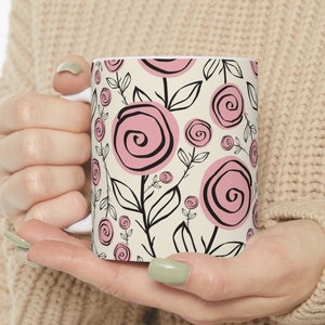 Pink Roses Boho Coffee Mug for wife, Mother&#39;s Day, pink floral mug, whimsical flower mug, roses for mother, cottage core birthday mug