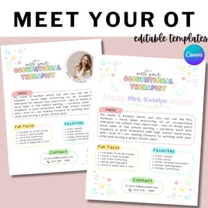 Conozca al terapeuta ocupacional / Plantilla Canva editable de OT / Carta de bienvenida de regreso a clases imprimible / Rainbow Doodles Digital / Pediátrico