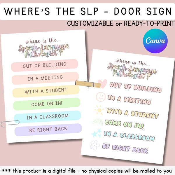 Speech-Language Pathologist Office Door Sign | Editable Where is the SLP Canva Template | Customizable Back to School  Decor | Pediatric SLP